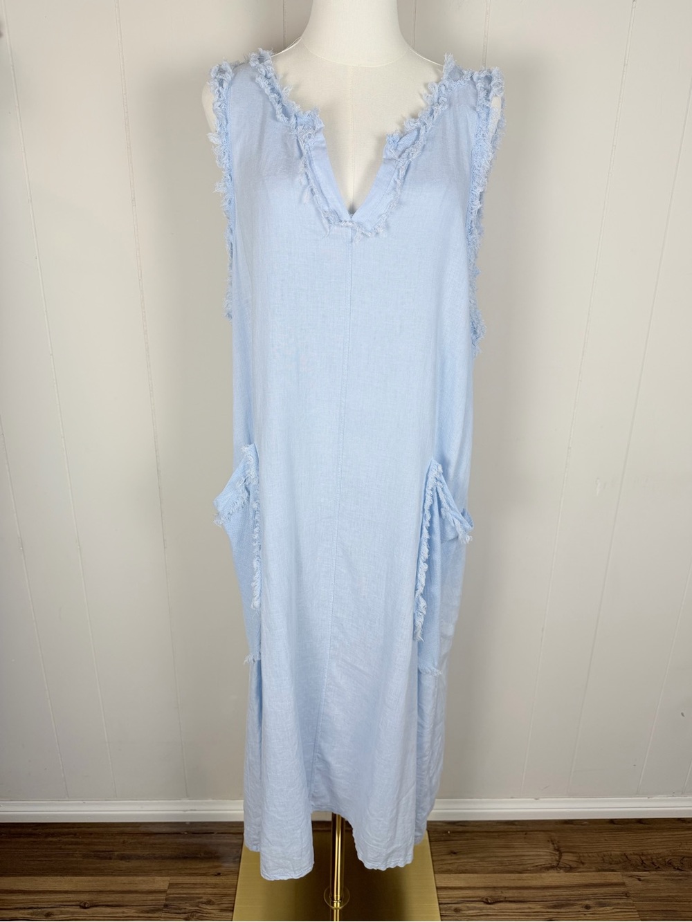 I Love Linen Lagenlook Boho Blue Midi Dress Frayed Trim Women’s One Size/Large